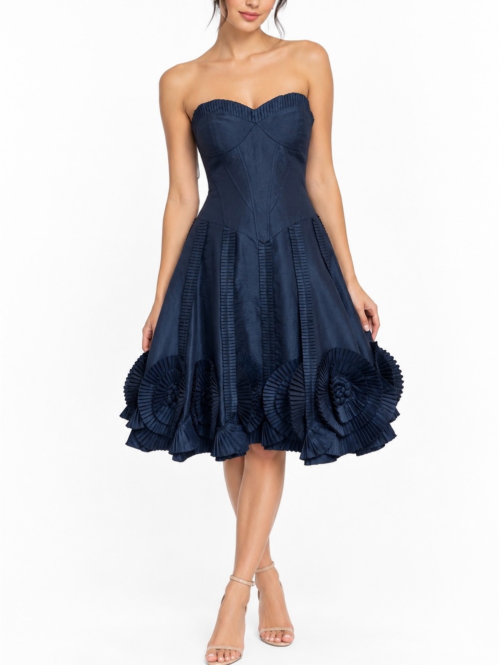 NWT Basix II Strapless Rosette Bubble Hem Corset Cocktail Dress Navy Blue Size 2